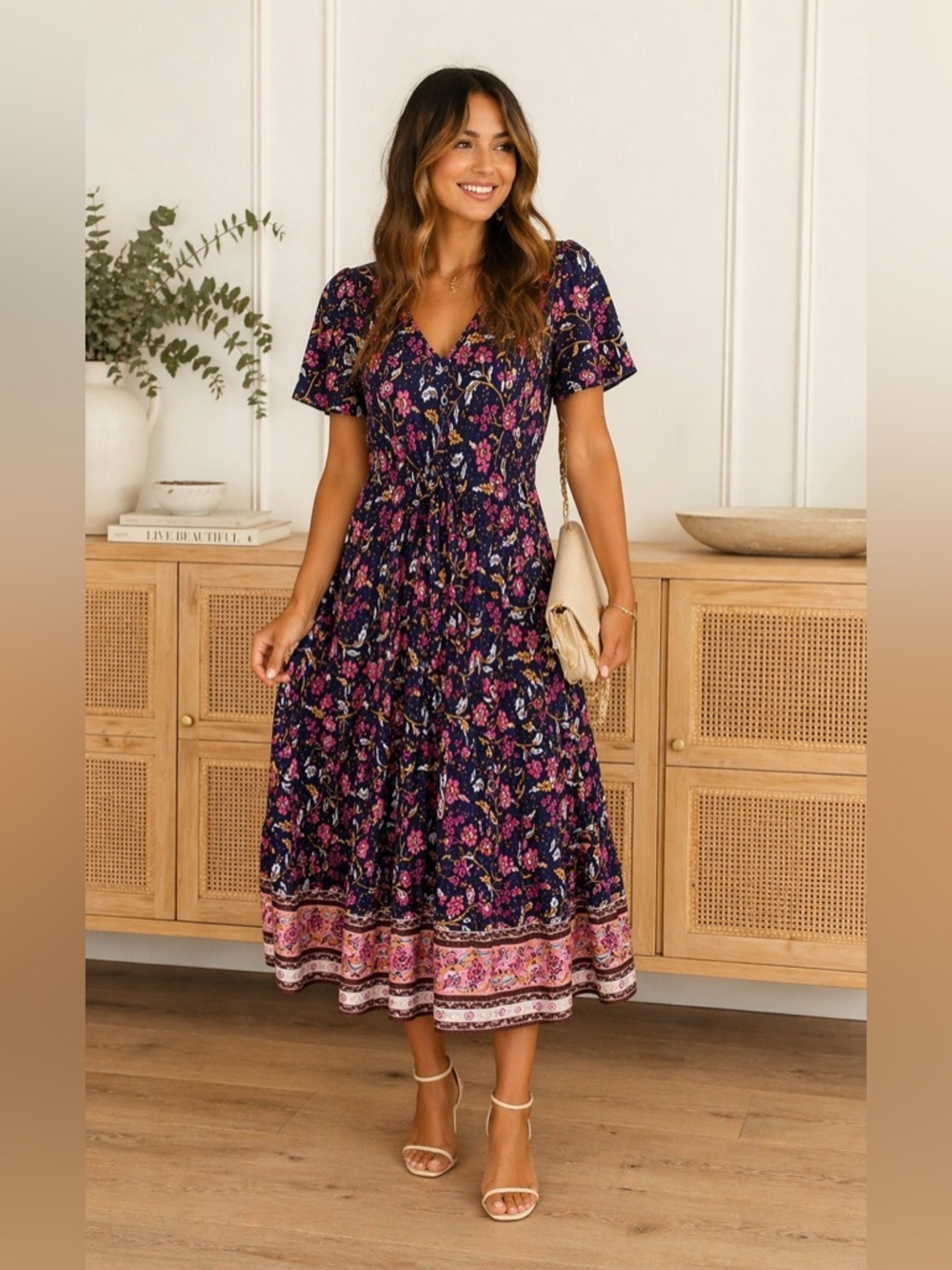 Floral Navy and Pink Short Sleeve Maxi Dress Autumn Wedding Guest Dress XL